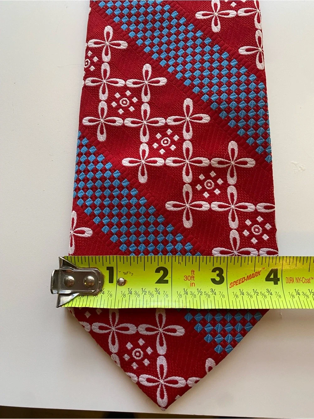 Vintage 70s Pierre Cardin Geometric Wide Tie - Foley's Red Blue White 4